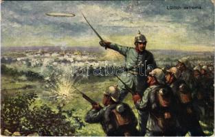 1915 Lüttich ostroma / WWI German military art postcard, Battle of Liege, airship (EK)