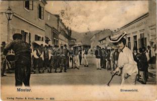 Mostar, Strassenbild, Jozo Soldo Gasthaus No. 2., Verlag Pacher & Kisic / street, restaurant and hotel. Montage with soldiers (fl)