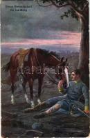 1915 Treue Freundschaft / Hű barátság / WWI Austro-Hungarian K.u.K. military art postcard, injured soldier with his horse. B.K.W.I. 930-3. (EK)