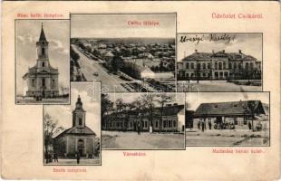 1911 Csóka, Coka (Torontál); Római katolikus és szerb templom, Urasági kastély, városháza, Madarász István üzlete és saját kiadása / churches, town hall, castle, shop (fa)