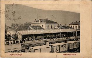 1910 Dimitrovgrad, Caribrod, Tsaribrod; Gare / railway station, trains / Bahnhof (worn corner)