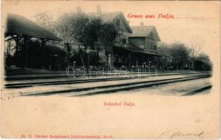 1899 (Vorläufer) Dálya, Dalja, Dalj (Erdőd, Erdut); Bahnhof / vasútállomás. Ottokar Rechnitzer kiadása / railway station + "ESZÉK-SZEGED 29" vasúti mozgóposta