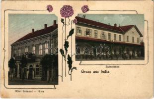 1906 India, Indija; Bahnstation, Hotel Bahnhof Horn / vasútállomás és vasúti szálloda / railway station and hotel. Art Nouveau, floral (EK)