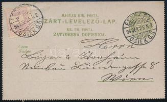 1894 Díjjegyes zárt levelezőlap 2kr díjkiegészítéssel, "ESZÉK F.V. / OSIEK G.G." - "WIEN"