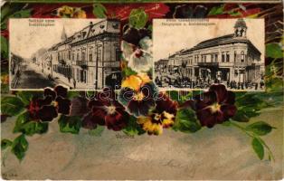 1904 Versec, Werschetz, Vrsac; Székház utca, Fő tér, városháza. Kehrer Lajos kiadása / street, main square, town hall. Art Nouveau, floral montage litho (Rb)