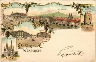 1898 (Vorläufer) Versec, Werschetz, Vrsac; Rezidensgasse, Weingebirge, Schlossbergruine, Rathhaus, Röm. Kath. Pfarrkirche / Szőlőhegy, várrom, városháza, templom / castle ruins, town hall, church. Art Nouveau, floral, litho (fl)