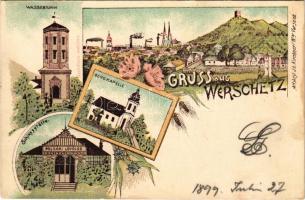 1898 (Vorläufer) Versec, Werschetz, Vrsac; Wasserturm, Bergkapelle, Schiessstätte / víztorony, kápolna, Polgári lövölde / water tower, chapel, shooting hall. J. E. Kirchner Art Nouveau, floral, litho (fl)