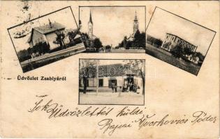 1906 Zsablya, Zabalj; vasútállomás, templomok, Karapancsity M.V. üzlete, selyem gyár / railway station, churches, shop, silk factory (ázott / wet damage)