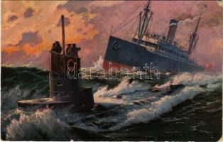 1917 Durch Unterseeboot torped Dampfer. Münchener Künstlerkarte No. 12. / WWI Imperial German Navy (Kaiserliche Marine) art postcard, submarine sinks a steamship s: Willy Moralt (EB)