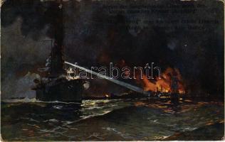 Beginn der Seegefechte bei Libau durch den kleinen deutschen Kreuzer "Augsburg" / Az "Augsburg" nevű kis német cirkáló Libaunál megkezdi az ellenségre való tüzelést / WWI Imperial German Navy (Kaiserliche Marine) art postcard, SMS Augsburg light cruiser begins firing at Liepaja (Latvia) s: Harry Heusser (EK)