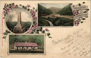 1912 Tarcal-hegység, Fruska Gora, Strazilovo; Branko Radicevic emlékszobor, erdészház, völgy / monument, forestry, valley. Art Nouveau, floral (r)