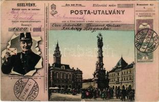 1906 Újvidék, Novi Sad; Szentháromság szobor. Posta-Utalvány szelvény, montázs postással / Trinity statue. Art Nouveau montage with postman (Rb)