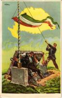 1938 Trianon. Hátoldalon "Az ezeréves egységes Magyarország és a tiranoni béke szörnyszülöttje" térképpel. Kiadja az Ereklyés Országzászló Nagybizottsága / Hungarian irredenta propaganda, Hungarian flag, map of the Trianon peace treaty on the backside s: Lamoss (EK)