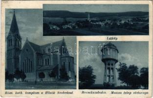 1941 Mecsekszabolcs, Szabolcsbánya-telep (Pécs); látkép, Római katolikus templom a Hősök szobrával, Meszes telepi víztorony. Kurnik Ferencné kiadása (EK)