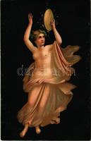 Pompeii, Tänzerin mit Tamburin / Erotic nude lady art postcard. Stengel litho