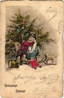 Karácsonyi üdvözlet / Christmas greeting art postcard with children, Christmas tree and toys s: E. Döcker (EK)