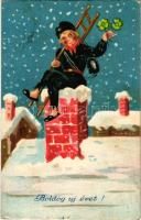 Boldog Újévet / New Year greeting art postcard with chimney sweeper and clovers (EK)