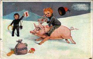 Boldog Újévet / New Year greeting art postcard with chimney sweeper, pig and horseshoe. G.G.W.II. Nr. 251. (EB)