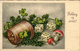 Boldog Újévet / New Year greeting art postcard with clovers, mushroom and dice