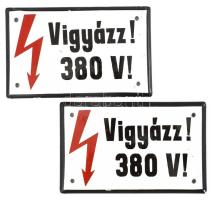 2 darab zománcozott fém tábla, "Vigyázz! 380V! " felirattal, kis zománchibákkal, 9,5x15,5 cm