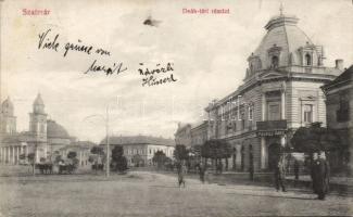 Szatmárnémeti Deák square with the cathedral, insurance company and the shop of Imre Paskuj