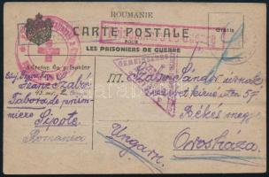 1917 Tábori posta levelezőlap cenzúrabélyegzésekkel, Sipote román hadifogolytáborból Orosházára küldve / POW postcard with censorship cancellations, from Sipote to Hungary