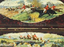 Vadászjelenettel díszített fémdoboz, kopással, h: 30 cm