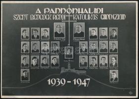 1947 A Pannonhalmi Szent Benedek-rendi Katolikus Gimnázium 1939-1947, tablófotó, a hátoldalon aláírásokkal (,,a pannonhalmi gimnázium első érettségizői"), 17,5x12,5 cm