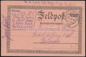 1916 Tábori posta levelezőlap "K.k. Ldw. Inf. Reg. Prag No.8." + "FP 136"