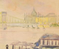 Kurtapataki Kovács Pál (1889-?): Hajó a Dunán, Budapestnél. Akvarell, papír, hátoldalán jelzett és c...