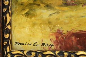 Fratuli 934 jelzéssel: Csendélet. Olaj, karton. Üvegezett, díszes fakeretben, 42×30 cm