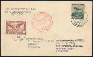 Deutsches Reich 1936 Légi levél az LZ 129-es Zeppelin léghajóról a kanadai Kingstonba küldve. A címzett már nem tartózkodott ott, ezért kanadai díjkiegészítéssel Londonba küldték