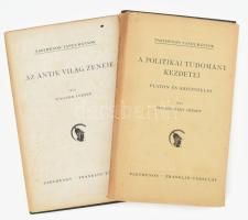 Parthenon-tanulmányok sorozat 2 kötete: Halasy-Nagy József: A politikai tudomány kezdetei. Platon és Aristoteles. Parthenon-tanulmányok 1. (Bp.), 1942, Parthenon (Franklin-ny.), 93+(3) p. Kiadói egészvászon-kötés, jó állapotban, kissé szakadt kiadói papír védőborítóban. + Wagner József: Az antik világ zenéje. Parthenon-tanulmányok 6. (Bp.), 1943, Parthenon (Franklin-ny.), 93+(3) p. Kiadói egészvászon-kötés, jó állapotban, kissé foltos kiadói papír védőborítóban.