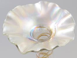 cca 1980 MP Creation stúdióváza, lüszteres, savmaratott, színes szállal színezett díszítéssel, címké...