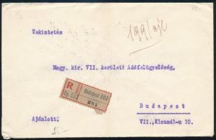 1922 Budapest helyi ajánlott levél 8K bérmentesítéssel