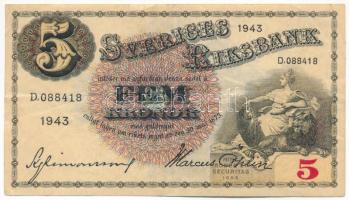 Svédország 1943. 5K T:F kis szakadás Sweden 1943. 5 Kronor C:F small tear Krause P#33z