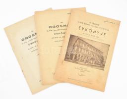 1940-1943 Az orosházi m. kir. állami polgári fiúiskola évkönyvei, 3 db (1939-40., 1941-42., 1942-43. iskolai év). Kiadói tűzött papírkötés, kissé foltos borítókkal.