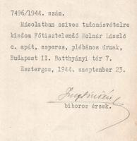 1944 Serédi Jusztinián (1884-1945) bíboros, esztergomi érsek aláírt okirata kórházi lelkészi kinevezésen