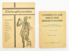 cca 1939 2 db kiadvány: Dr. Zemplényi Imre: Elsősegélynyujtás. Bp., é.n., Élet és Egészség. 40 p. Kiadói papírkötés, kissé sérült gerinccel és kissé laza kötéssel. + A gépjáróművezetői vizsga rendészeti anyaga kérdésekben. Bp., 1939, Stádium. V. bővített kiadás. 54 p. Kiadói papírkötés, gerincen korabeli címke, kissé foltos borítóval.