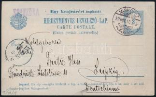 1892 1. változatú díjjegyes Hírdetményes levelezőlap Miskolcról Lipcsébe