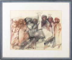 Engel Tevan István (1936-1996): Sámson tette. Vegyes technika, papír, jelezve jobbra lent, üvegezett...