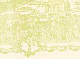 1832 Miskolc város csizmadia céh mesterlevele a város fametszetű látképével. Egyik szélen kivágással...