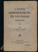 Kuncz Ödön Kereskedelmi és váltójog vázlata I. Bp., 1922, Grill Károly. Kiadói papírkötés, gerincen sérüléssel, borítón apró szakadásokkal és hátoldalán halvány ázásnyommal, borítón és a címlapon Mallász Elemér igazgató névbejegyzésével, több lapon ceruzás jelöléssel.