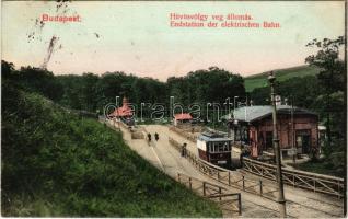 1907 Budapest II. Hűvösvölgy, villamos vasút végállomása Margithíd felé. J. Schwarz kiadása (EK)