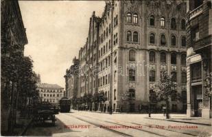 1913 Budapest V. Postatakarékpénztár, villamos, Zoltán gyógyszertár, Szabolcs utca 17-hez tartozó lovaskocsi, tűzkárbiztosító. Szabó Sándor kiadása (EK)