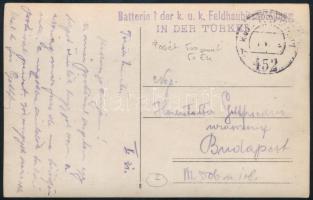 ~1917 Tábori posta képeslap "Batterie 1 der k. u. k. Feldhaubitzabteilung in der Türkei" + "FP 452 b"