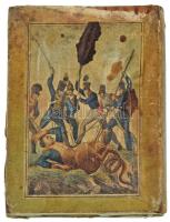 DN könyv formájú, ragasztott jeleneteket ábrázoló fa érmetartó tok 48mm-es férőhellyel, sérült állap...