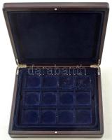 Mahagóni fa érmetartó kazetta bársonybéléssel, 12db 5x5cm-es férőhelyű kivehető tálcával, használt, ...