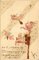 1900 La Chasse aux Coeurs / Cupids with hearts. Raphael Kirchner style Art Nouveau litho (EK)