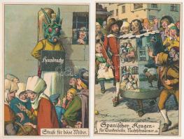 2 db régi E. Nister humoros litho művészlap középkori kínzásokról / 2 pre-1945 E. Nister humorous litho art postcards about Mediavel tortures